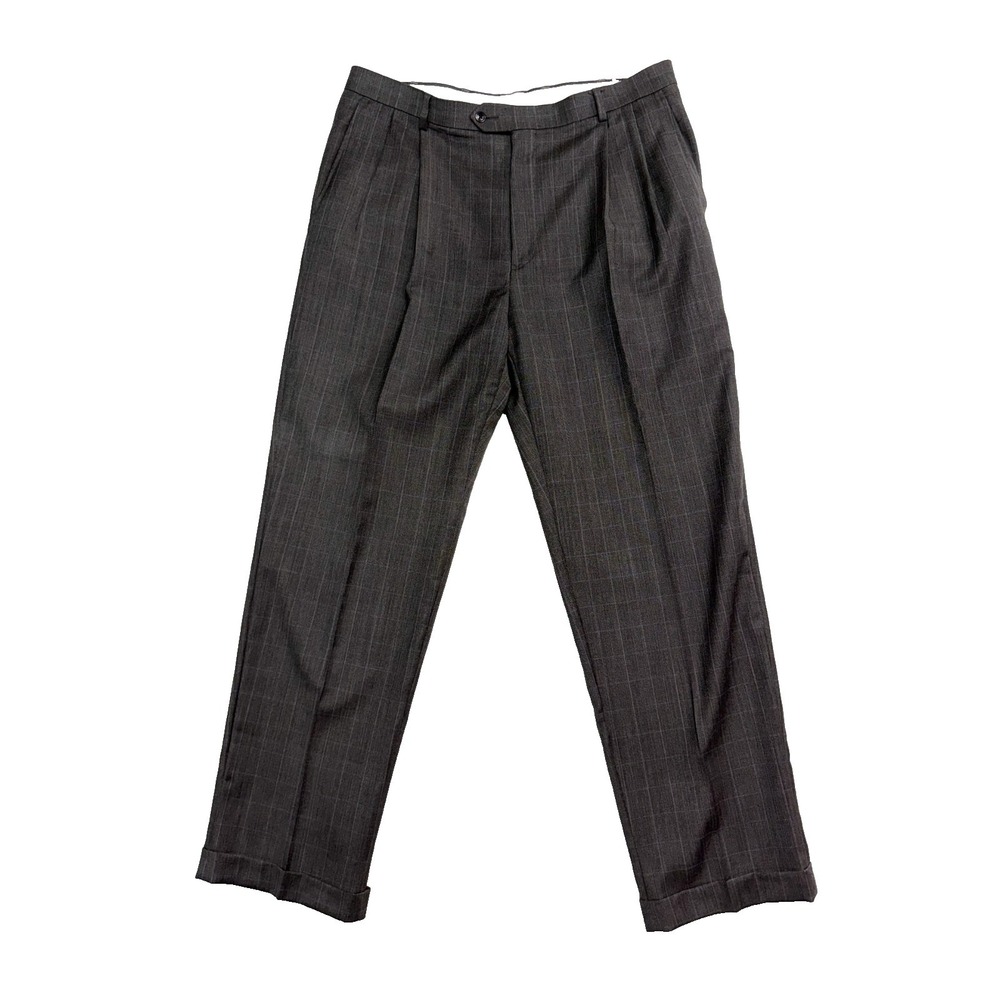 Hart Schaffner Marx 38x33 Gray Windowpane Dress Suit Pants Trousers Pleated Wool